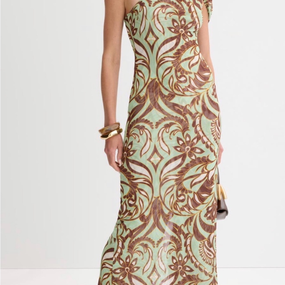 Misa Los Angeles One-Shoulder Mint and Brown Floral Maxi Dress